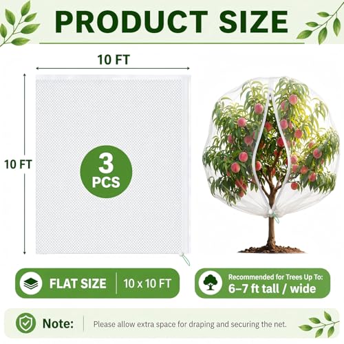 3 Pack 10x10 ft Large Fruit Tree Netting Covers with Zipper & Drawstring - size: 10x10 ft