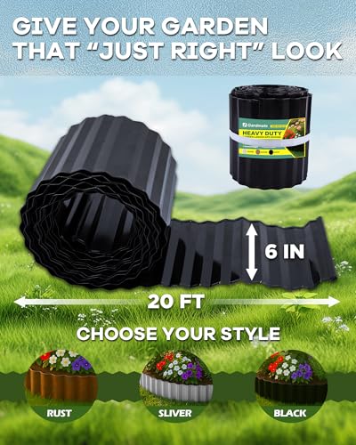 Corrugated Metal Garden Edging, Sturdy Black Garden Edging Border for DIY Flower Bed, Lawn and Landscape Edgings, Hemmed Edges Design, Easy Installation with Garden Gloves (6in*20FT) - size: 20 FT L x 6" H