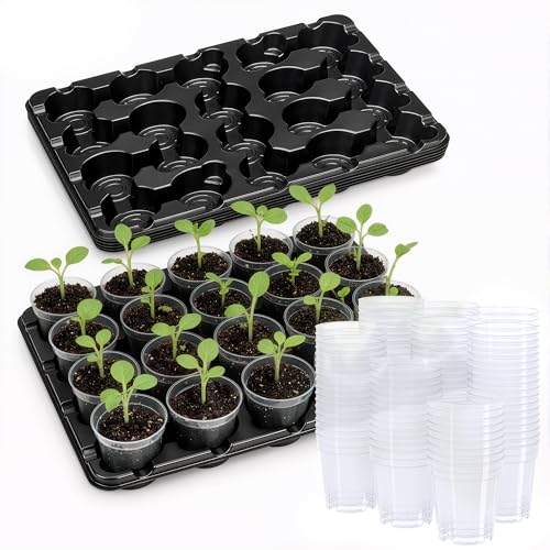 homenote 5 Pack 20 Cell Seed Starter Trays with 100 Clear 3 Inch Plant Pots - size: 3 Inch, style: 5 Pack Seed Starter Tray+Nursery Pots