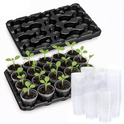 homenote 5 Pack 20 Cell Seed Starter Trays with 100 Clear 3 Inch Plant Pots - size: 3 Inch, style: 5 Pack Seed Starter Tray+Nursery Pots