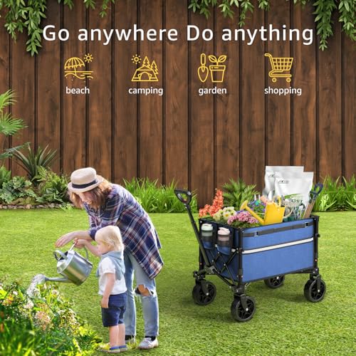 ROSONG Collapsible Wagon Cart with Wheels Foldable - Folding Utility Heavy Duty Wagons Carts for Grocery Sports Garden Shopping Camping Wheelbarrows (Navy Blue, 120L) - color: Navy Blue, size: 120L