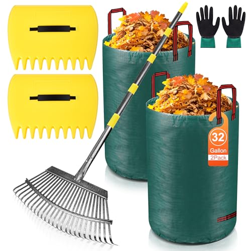 Adjustable Garden Leaf Rake Set, 18" Wide, 25 Tines, 37-79" Handle Metal Leaf Rake with 2 Pack 32 Gallons Leaf Bags and Scoops. Heavy Duty Graden Rakes Set for Lawn, Grass, Shrubs, Flower Beds