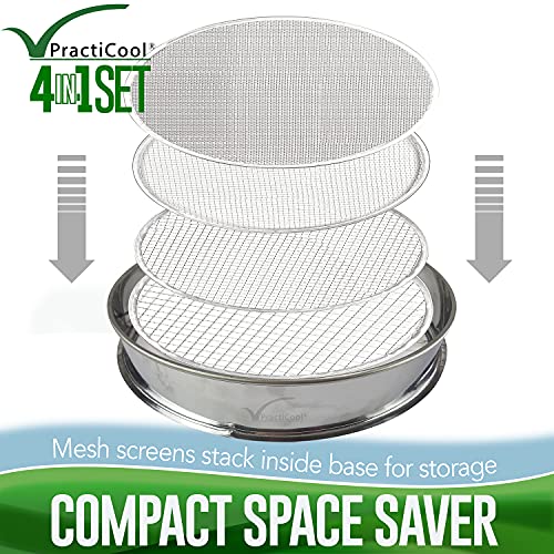 Garden Potting Mix Sieve - Stainless Steel Riddle - Soil sifting pan - with 4 Interchangeable Filter mesh Sizes - 3,6,9,12 mm and Bonus Spade