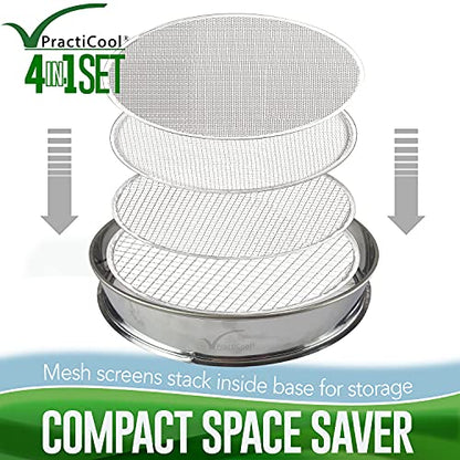 Garden Potting Mix Sieve - Stainless Steel Riddle - Soil sifting pan - with 4 Interchangeable Filter mesh Sizes - 3,6,9,12 mm and Bonus Spade