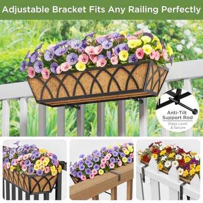 HFHOME 24 inch Railing Planter Box - 4 Pack Metal Window Trough with Coconut Coir Liners, Flower Basket for Deck Railings Balcony or Porch to Display Plants and Flowers - size: 24 Inch 4-Pack X-Pattern