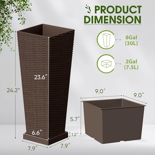 Devoko Resin 23.6'' Tall Planters, Large Taper Outdoor Planter - color: Brown, size: 23.6" With Trays