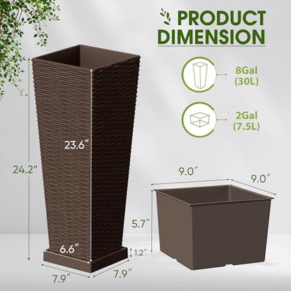Devoko Resin 23.6'' Tall Planters, Large Taper Outdoor Planter - color: Brown, size: 23.6" With Trays