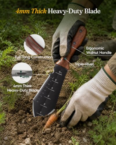 Grenebo Hori Hori Garden Knife, 4mm Thick Extra-Wide Blade Garden Tool - color: Brown