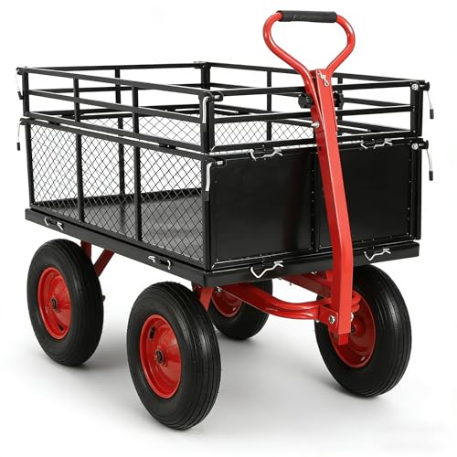 GarveeTech Heavy-Duty Metal Wagon Dump, 1440lbs Steel Garden Dump Cart, with Removable Mesh Sides, 2 in 1 Push and Pull 180° Rotating Handle & 16in All Terrain Wheel for Garden, Yard