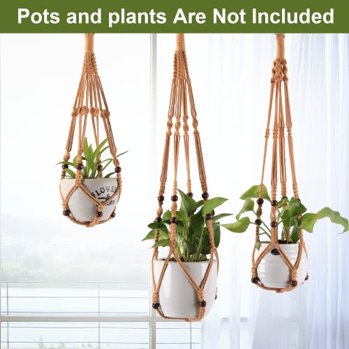 Macrame Plant Hangers with Beads for Indoor and Outdoor, 3 Pack - color: Brown