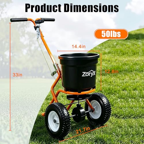 ZORYX 50LB Walk-Behind Broadcast Spreader, Heavy Duty Push Spreader for Fertilizer, Seed, Salt, Ice Melt, 13" Pneumatic Tires, Adjustable Flow, Anti-Clog Hopper w/Rain Cover