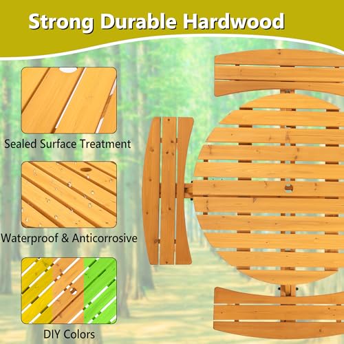 Outdoor Wooden Picnic Table with 4 Built-in Benches and Umbrella Hole for 8 Person，Outside Table and Bench Set Round Picnic Table for Garden, Backyard, Porch,Patio（Natural - size: 8Person-Round-Y