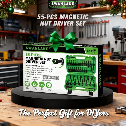 55-Piece Magnetic Nut Driver Set, Metric & SAE 1/4" Hex Shank, Impact Socket Adapters, Snappy Driver Bits, Drill Bit Extension, 14PCS Screwdriver Bit Set - color: Nut Driver Set Green