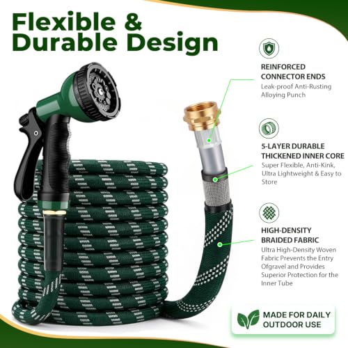 Garden Hose 50 ft, 2026 Upgraded Kink Free Flexible Water Hose 50ft With 10 Pattern Spray Nozzle, Leak-Proof, Portable, Ultra Lightweight & Durable Garden Hose for Yard, Lawn, Outdoor (DarkGreen) - size: 50FT