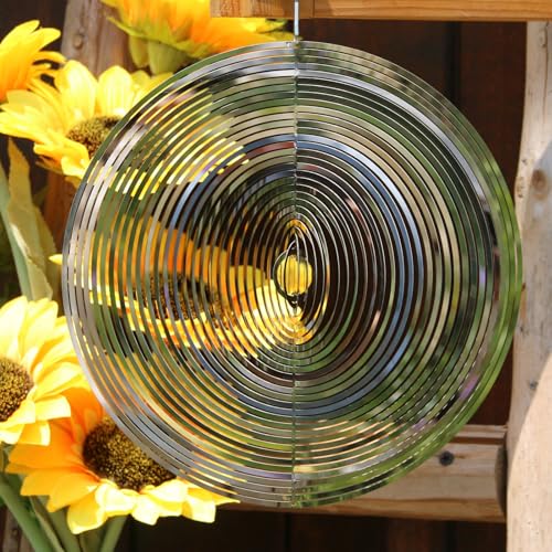 Phuryllic Wind Spinners Outdoor, Garden Decor, Bird Deterrents for Outside, 3D Metal Yard Decorations for Patio & Porch, Unique Gardening Gifts for Women & Moms - 10in Round Shape - color: 1pc 10in Silver Round Shape