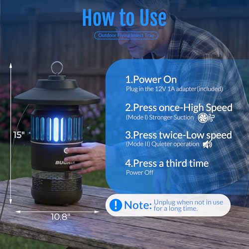 12V Plug-in 1/2 Acre Mosquito Trap Outdoor Indoor, UV LED Fan Insect Trap, Corded Electric Bug Catcher for Patio Garden Backyard, Quiet No-Zap Flying Insect & Gnat Trap, Bug Zapper Alternative
