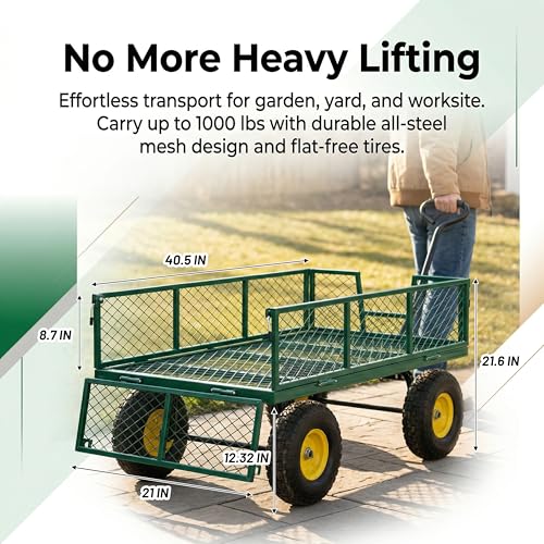 Finnhomy Heavy Duty 1000 Lbs Capacity Mesh Steel Garden Cart, Pullable Garden Wagons Carts on Wheels, Folding Utility Wagon with Removable Sides for Outdoor, Yard, Lawn, Green - color: Green