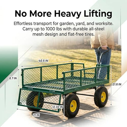 Finnhomy Heavy Duty 1000 Lbs Capacity Mesh Steel Garden Cart, Pullable Garden Wagons Carts on Wheels, Folding Utility Wagon with Removable Sides for Outdoor, Yard, Lawn, Green - color: Green