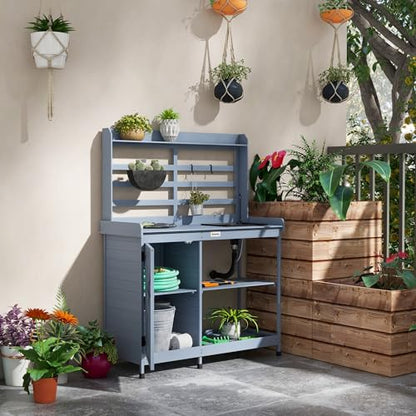 Wooden Potting Bench, Outdoor Potting Table with Storage Cabinet, Storage Shelves, Sink, Water Tap, Wood Table Top for Backyard, Patio, Balcony, Gray