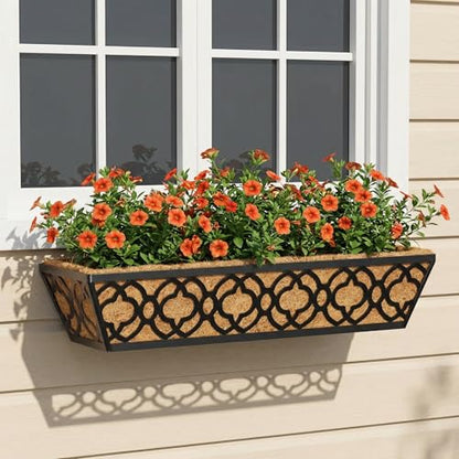 Y&M Window Boxes Horse Trough with Coconut Coir Liner, 24 Inch Window Deck with Coco Liner, Fence Metal Hanging Flower Planter Window Basket Deck Railing Planter Boxes (Flower 24in 2P) - size: Flower 24in 2P