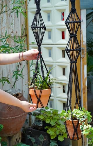 Hourglass Floating Macrame Plant Hangers 2 Pack Handmade Cotton Rope Hanging Planters Basket with S Hooks, Diamond Openwork Boho Home Decor for Indoor Outdoor, Plants Holder 35" & 39” (Black) - color: Black