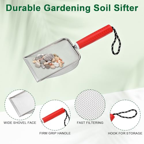 M METERXITY 1-Pack Gardening Soil Sifter, 4.3 mm Mesh Stainless Steel Portable Gardening Sifter with Soft Handle for Sand/Dirt/Rock Compost [White, Red] - color: White, Red, size: 4.3X4.3mm