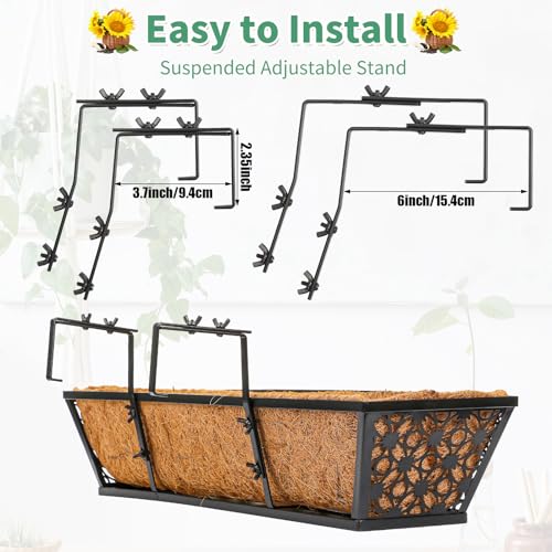Potchen 6 Pack 24 Inch Railing Window Boxes Planters with Coconut Liner Boxes Metal Black Hanging Flower Planter Window Basket for Indoor Outdoor Lawn
