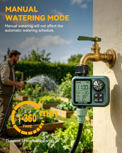Programmable Water Timer for Garden Hose, Outdoor Sprinkler Timer with Rain Delay & Manual Mode,Inlaid Brass Connector Irrigation Controller for Lawn Yard Landscape, 1 Outlet Large LCD Display