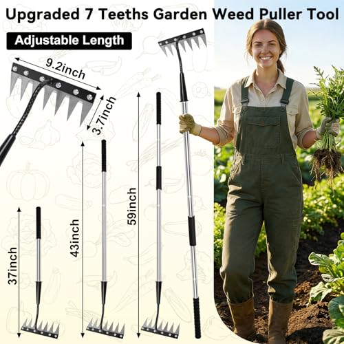 Weed Puller Tool 7-Tooth Iron Weeding Rake with Long Handle - Heavy Duty Garden Weeding Tool for Cultivating, Soil Aeration & Weed Removal