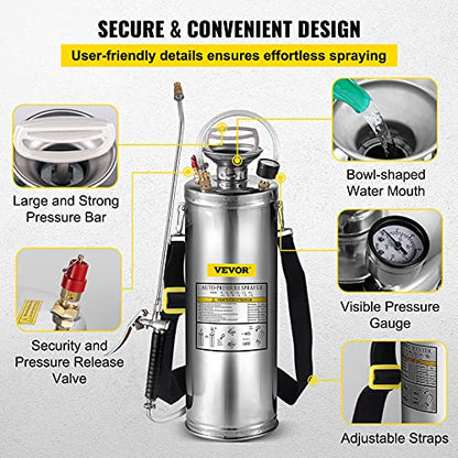 Happybuy 3 Gallon Stainless Steel Sprayer, 20" Wand & 3FT Reinforced Hose, Hand Pump Sprayer with Pressure Gauge, Safety Valve & Adjustable Nozzle, Weed Sprayers for Lawn, Gardening & Sanitizing - size: 3 Gallon
