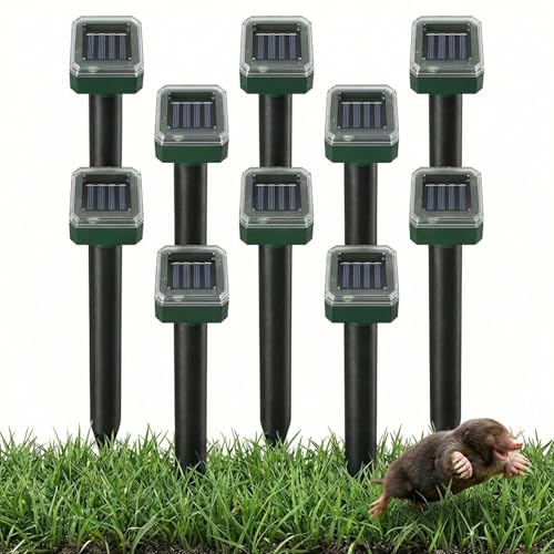 Mole Repellent Solar Powered Waterproof Sonic Spikes, Outdoor Long-Lasting Snake Repelling Stakes, Get Rid of Groundhog Chipmunk Vole for Lawns, Garden, Farm & Yard, 10 Pack