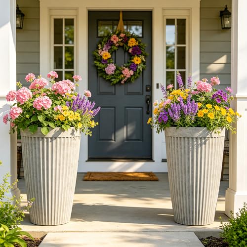 Autodaya 20" Resin Outdoor Tall Planters Set of 2, Ivory Fluted - color: Concrete Fluted-20"h