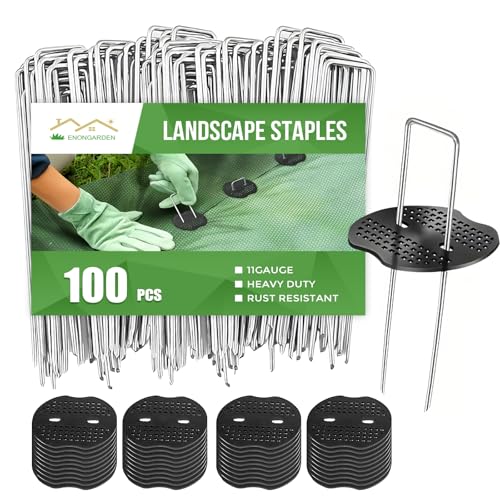 11 Gauge Garden Stakes, 100pcs Landscape Staples and 100pcs Gaskets, 6in U Shaped Galvanized Steel Garden Staples with Pad for Landscape Fabric Supplies for Weed Barrier Fabric,Tent Stakes