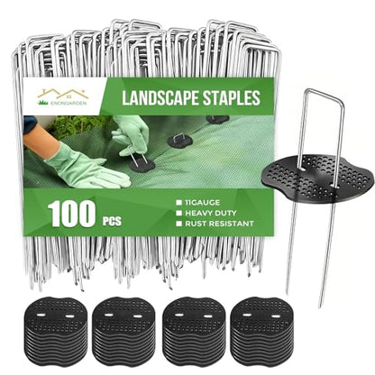 11 Gauge Garden Stakes, 100pcs Landscape Staples and 100pcs Gaskets, 6in U Shaped Galvanized Steel Garden Staples with Pad for Landscape Fabric Supplies for Weed Barrier Fabric,Tent Stakes