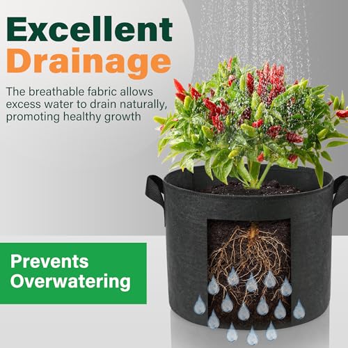 LotFancy 5 Pack 5 Gallon Grow Bags, 300G Thickened Nonwoven Fabric Pots with Reinforced Handles, Heavy Duty Aeration Planter Bags for Vegetables Flowers Fruits, Black - size: 5 Gallon（Pack of 5）
