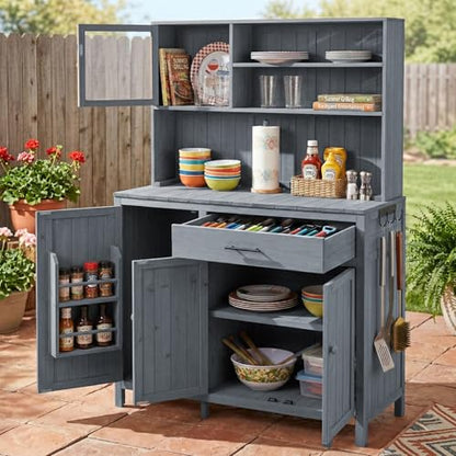 Merax Outdoor Garden Potting Bench with Hutch, 65" H Solid Fir Wood Patio Garden Workstation Tabl with Large Countertop, Adjustable Shelves, Door Rack, Side Hook and Drawer, Gray - color: Gray