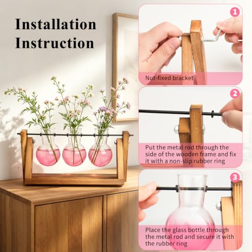 XXXFLOWER Plant Terrarium Kit with Wooden Stand 3 Gradient Pink Bulb Vases - color: Pink