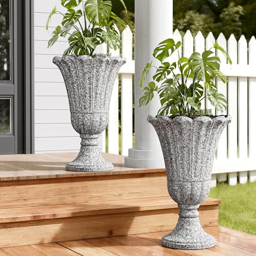 Tall Plastic Urn Planters and Pedestal - 24" Outdoor Planter Grey - color: Heather Gray-petal