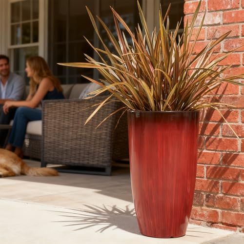 Worth Garden 23.5" H. Large Plastic Planters - Set of 2 Gradient Red Glossy Smooth Finish - Tall Plant Pots for Indoor & Outdoor Use - Decorative Lightweight Flower Pots for Front Porch, Patio, Deck - color: Red, size: 23.5" Height