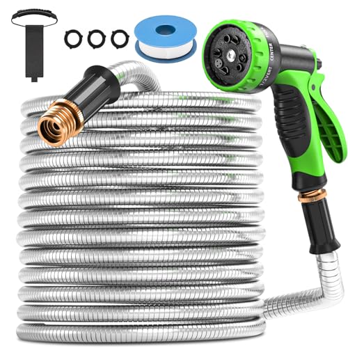 Stainless Steel Garden Hose 50ft, No-Kink Flexible Water Hose, Spray Nozzle - size: 50FT
