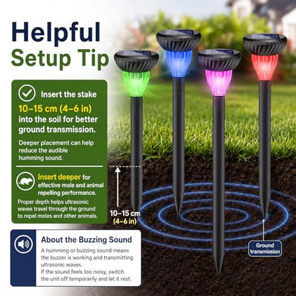 6 Pack Solar Ultrasonic Animal Repellent with RGB Color-Changing Lights, 360° Sonic Pest Deterrent for Outdoor Lawn & Garden, Solar Powered Mole, Gopher & Snake Repellent Stakes - style: Round Style