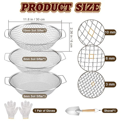 3PCS Soil Sifter 3,6,10mm Rock Sifting Screen with Handle Shovel Gloves - size: 3PCS(1/8in,1/4in,3/8in)