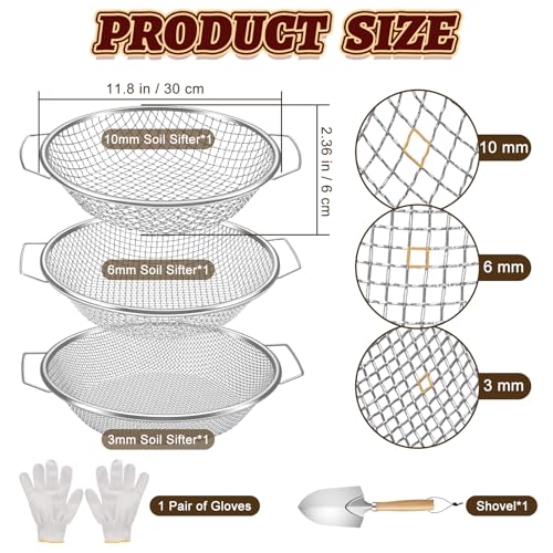 3PCS Soil Sifter 3,6,10mm Rock Sifting Screen with Handle Shovel Gloves - size: 3PCS(1/8in,1/4in,3/8in)