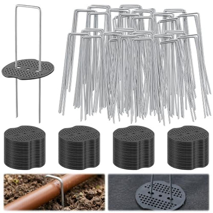 200PCS Garden Stakes Staples 6 inch Landscape Fabric Pins Lawn 100Pcs U Shaped Galvanized Staples Ground Stakes Landscaping Pins with 100Pcs Gasket for Weeds Barrier Plant Cover Decoration
