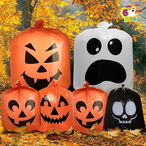 JOYIN 6 Pcs Halloween Leaf Bags, Pumpkin Leaf Lawn Bags for Yard Fall Outdoor Decorations, Plastic Resuable Jack o' Lantern Trash Bag for Halloween Decor Party Favors, Party Supplies