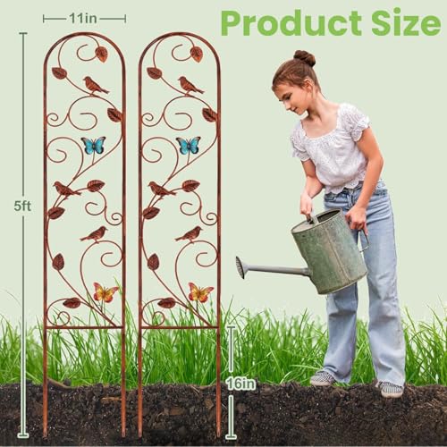 Lancisism 2 Pack 100% Metal Garden Trellis for Climbing Plants Outdoor - Heavy Duty Rustic Iron Arch Fence Trellis Rustproof Plant Support Trellis for Vines, Flowers, Vegetables & Wall Brackets