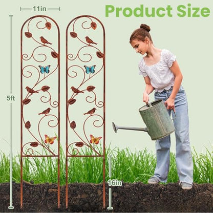 Lancisism 2 Pack 100% Metal Garden Trellis for Climbing Plants Outdoor - Heavy Duty Rustic Iron Arch Fence Trellis Rustproof Plant Support Trellis for Vines, Flowers, Vegetables & Wall Brackets