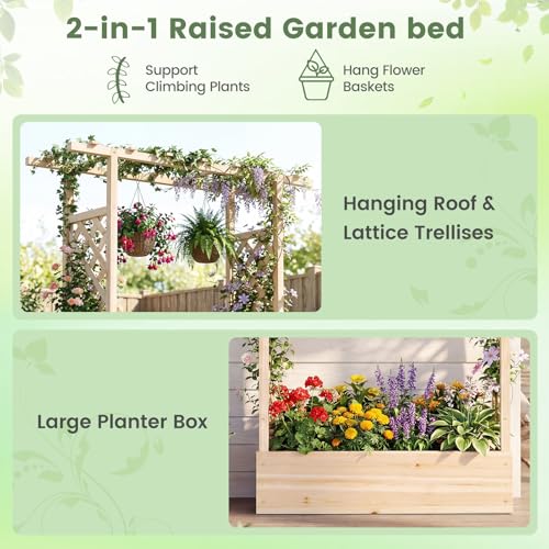 Giantex Wooden Raised Garden Bed with Trellis & Hanging Roof, Fir Wood Planter Box, 89” Freestanding Elevated Garden Bed for Outdoor Climbing Plants Vegetables Flowers, Patio & Balcony, Natural - color: Natural, size: 43”x14”x89”