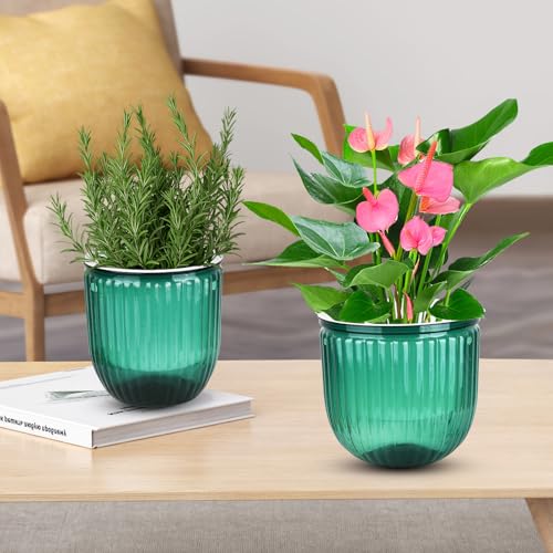 4Pcs Self Watering Hanging Planter, 6.5'' 4.5'' Hanging Plant Pots with Drainage Holes,Plastic Hanging Plant Flower Pots Baskets,Visible Hanging Planters for Indoor Plant Garden Home(Emerald)