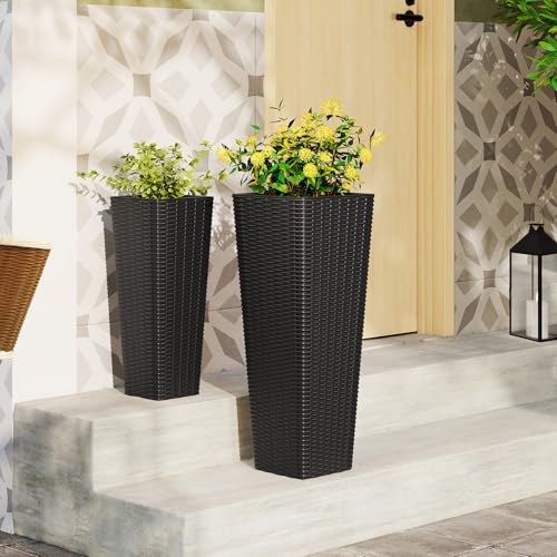 HAPPYGRILL Rattan Tall Planter Set of 2 with Removable Inner Trays - color: Black